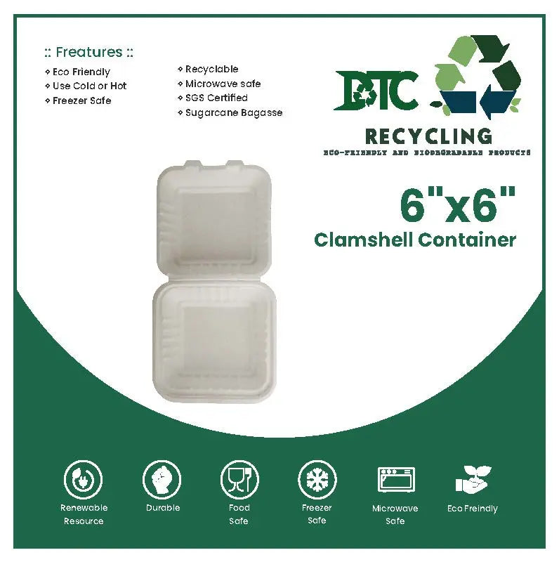 6 x 6 Clamshell Container No Compartments 50 PCS / 100 PCS / 500 PCS DTC Recycling
