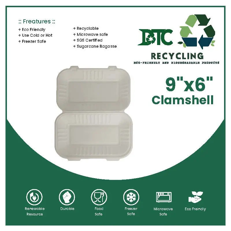 compostable microwave safe eco friendly 9 by 6 inch clamshell