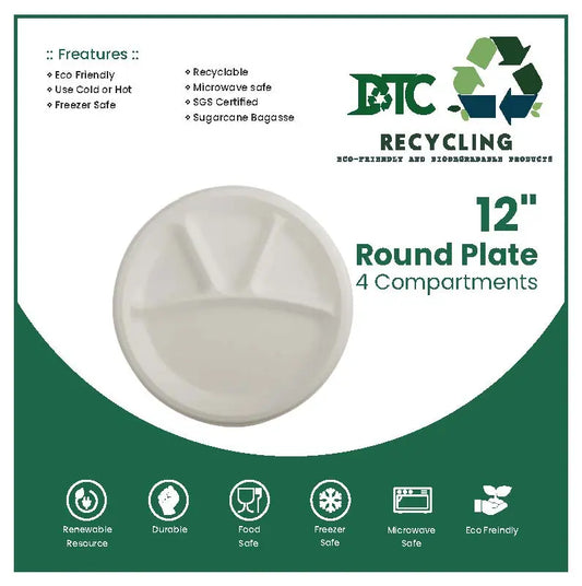 Compostable Paper Plates 12 inch white round plate 4 compartments