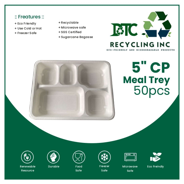 COMPOSTABLE Sugarcane Bagasse 5' CP Meal Tray | 50 PCS / 100 PCS / 500 PCS DTC Recycling