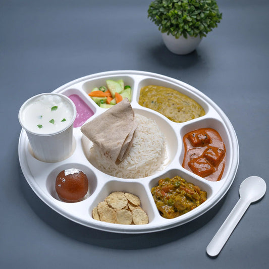 9 Compartment Round Plates Sugarcane Bagasse Eco-Friendly Disposable Plates | 50 Plates Pack DTC Recycling