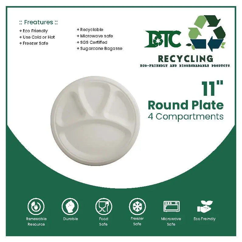 COMPOSTABLE and BIODEGRADABLE 11 inch round plate 4 compartments 