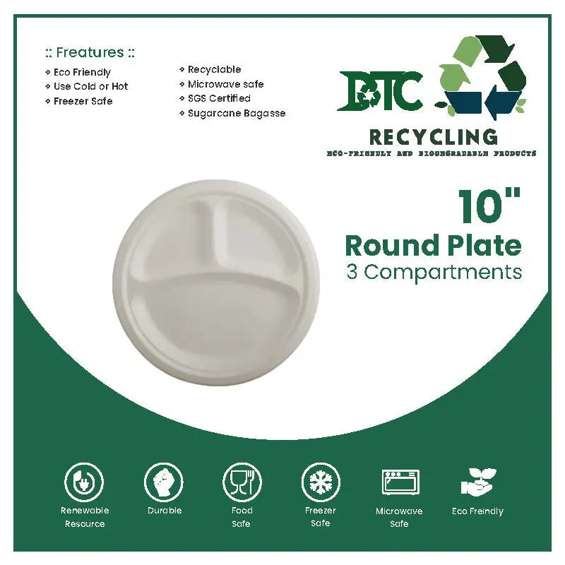 Ecofriendly disposable paper plates 10 inch round plates 3 compartments perfect for parties, catering, takeout, and events.