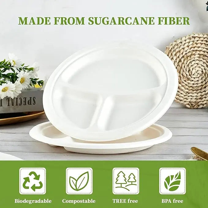 10 inch Compostable Round Paper Plate 3 Compartments 50 PCS / 100 PCS / 500 PCS DTC Recycling